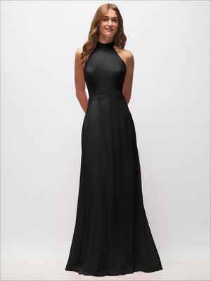 Black high-neck halter backless maxi dress with fitted bodice and flowing skirt
