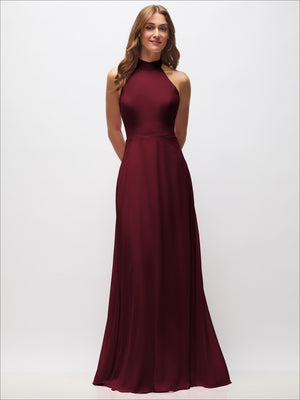 Burgundy high-neck halter backless maxi dress with fitted bodice and flowing skirt