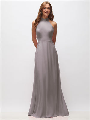 Light gray high-neck halter backless maxi dress with sleeveless fitted waist