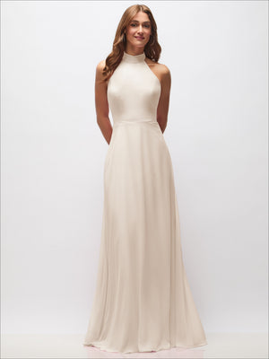 Ivory high-neck halter maxi dress with cinched waist and flowing full-length skirt