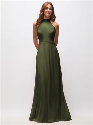 High-neck halter backless maxi dress in dark olive green, fitted bodice and flowing skirt
