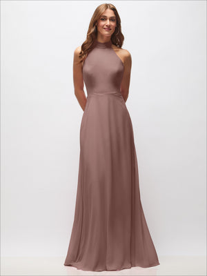 Dusty rose high-neck halter backless maxi dress with sleeveless fitted waist