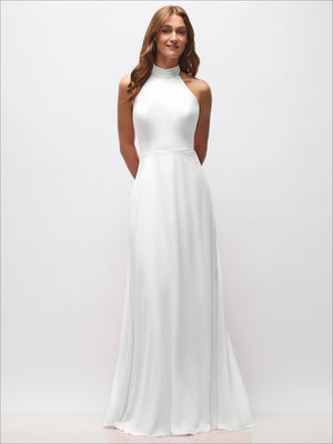 White high-neck halter backless maxi dress with fitted bodice and flowing skirt