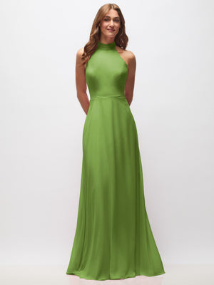 Green halter maxi dress with high neck and backless open back, solid color
