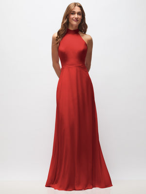 Red high-neck halter backless maxi dress with fitted bodice and flowing skirt
