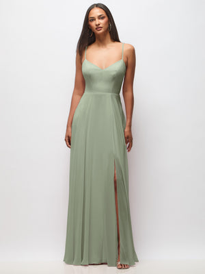 Light green maxi dress with tie-back cutout, spaghetti straps, V-neck and front slit
