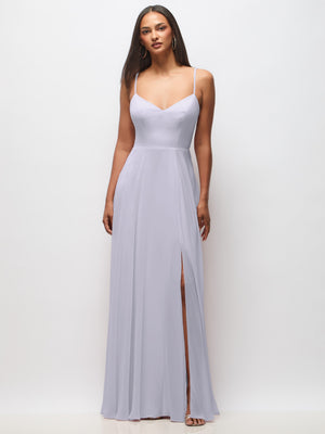 Lilac maxi dress with spaghetti straps, V-neck bodice, and front slit