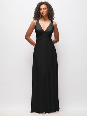 Deep V-neck chiffon maxi dress, sleeveless, black front view