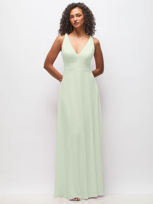 Deep V-neck chiffon maxi dress in pale sage green, sleeveless with fitted waist and long skirt