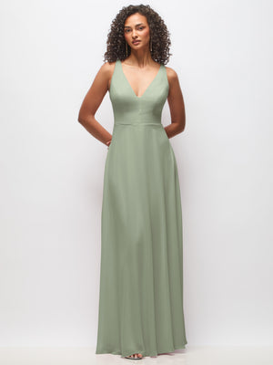 Deep V-neck chiffon maxi dress in sage green, sleeveless with fitted waist and flowing skirt