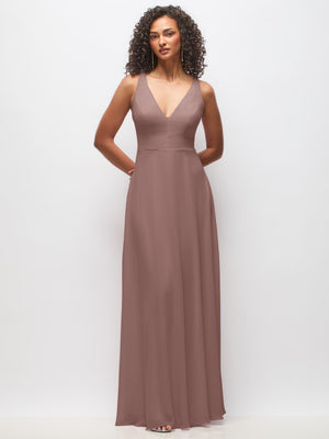 Front view deep V-neck chiffon maxi dress, sleeveless, fitted waist, flowing full skirt in mauve