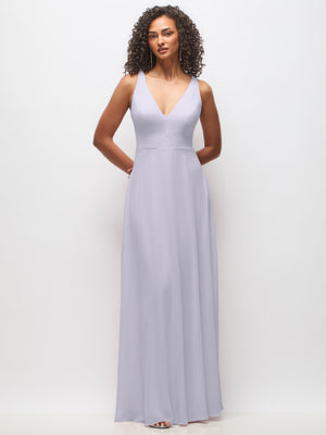 Deep V-neck chiffon maxi dress, sleeveless, light lavender blue front view