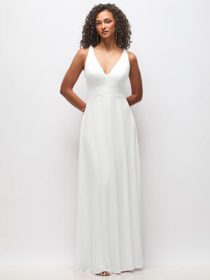 Ivory deep V-neck chiffon maxi dress, front view with deep plunge neckline