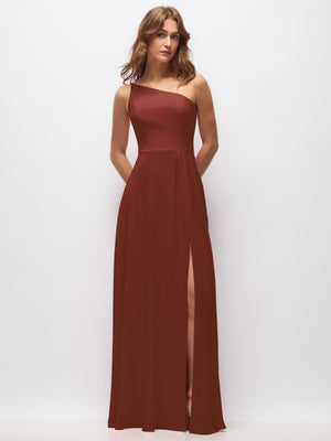 Rust red one-shoulder chiffon maxi dress with shirred waist and front slit