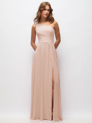 Dusty rose one-shoulder chiffon maxi dress with shirred waist and front slit