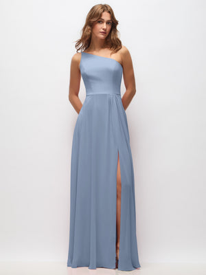 One-shoulder chiffon maxi dress in periwinkle blue with shirred waist and side slit