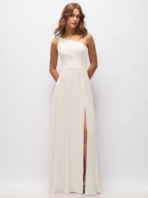Ivory one-shoulder chiffon maxi dress with shirred bodice and front slit