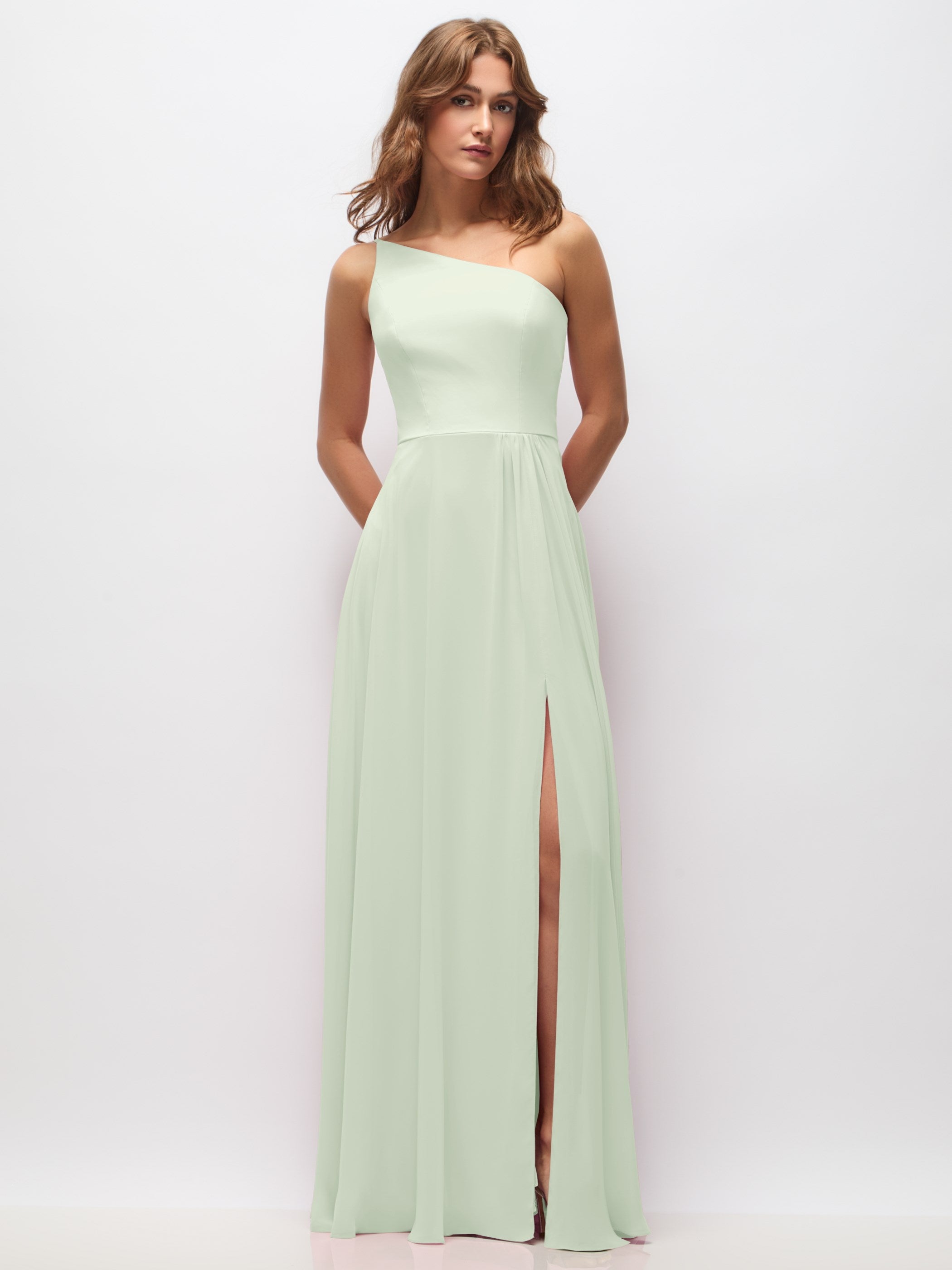 One-Shoulder Chiffon Maxi Dress with Shirred Front Slit