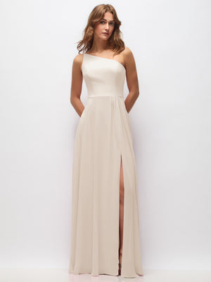 Ivory one-shoulder chiffon maxi dress with shirred bodice and front slit