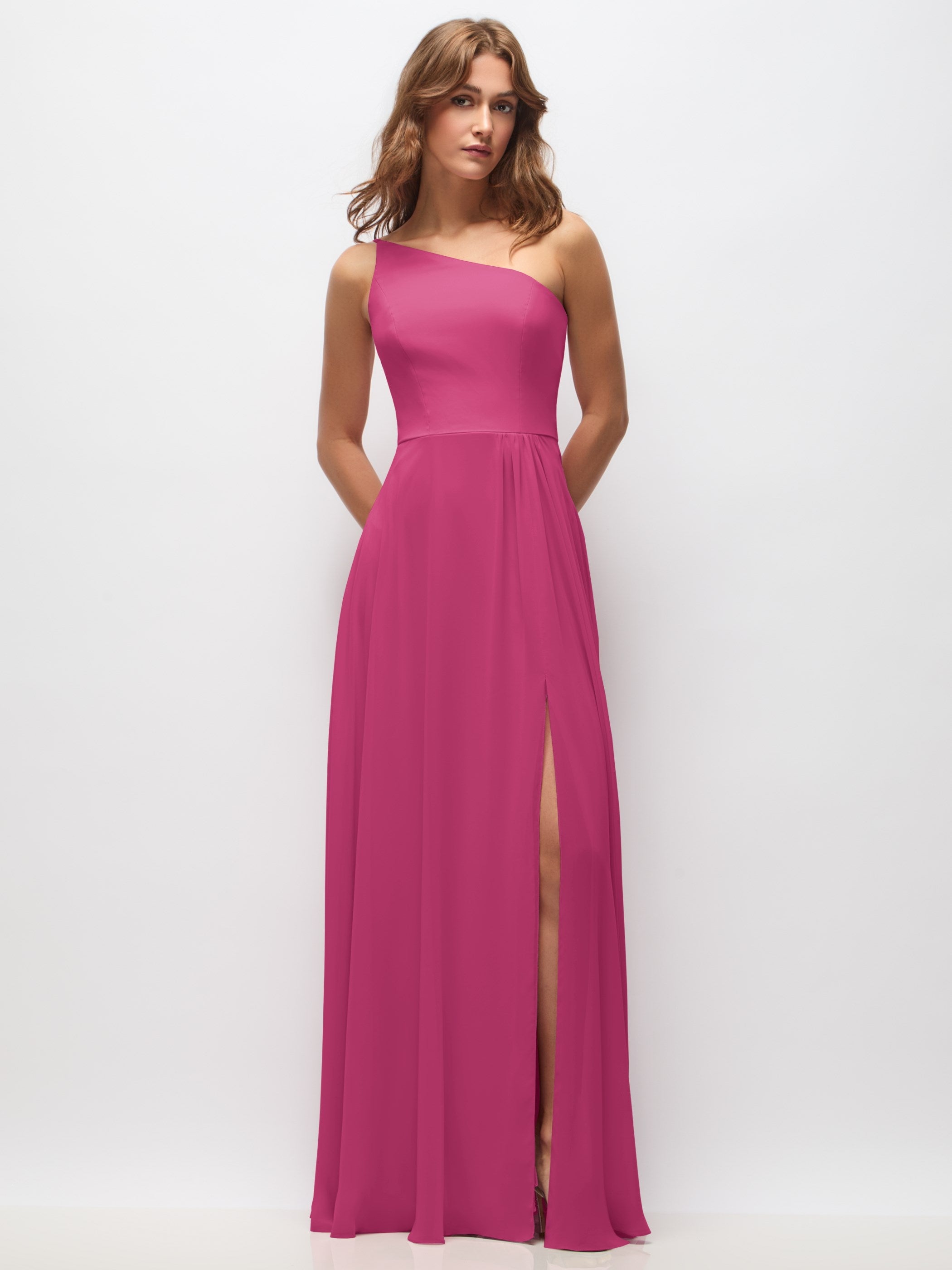 One-Shoulder Chiffon Maxi Dress with Shirred Front Slit