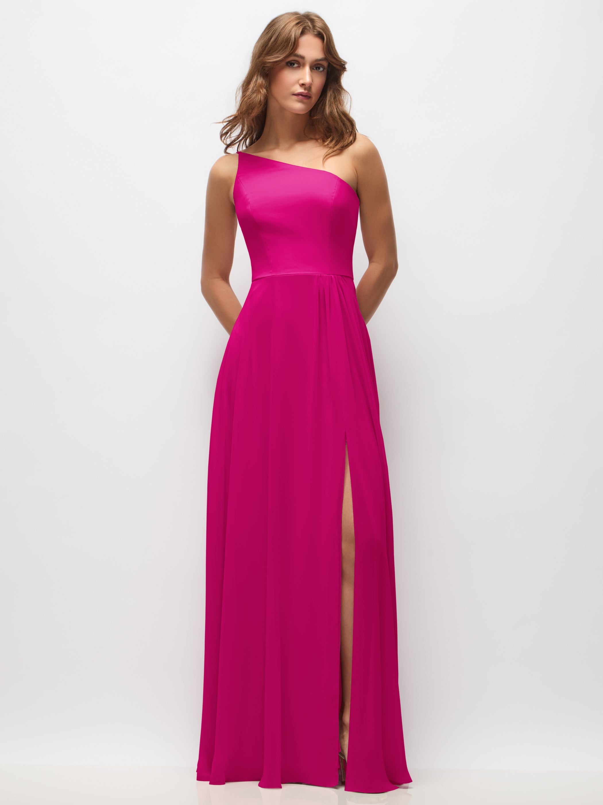One-Shoulder Chiffon Maxi Dress with Shirred Front Slit