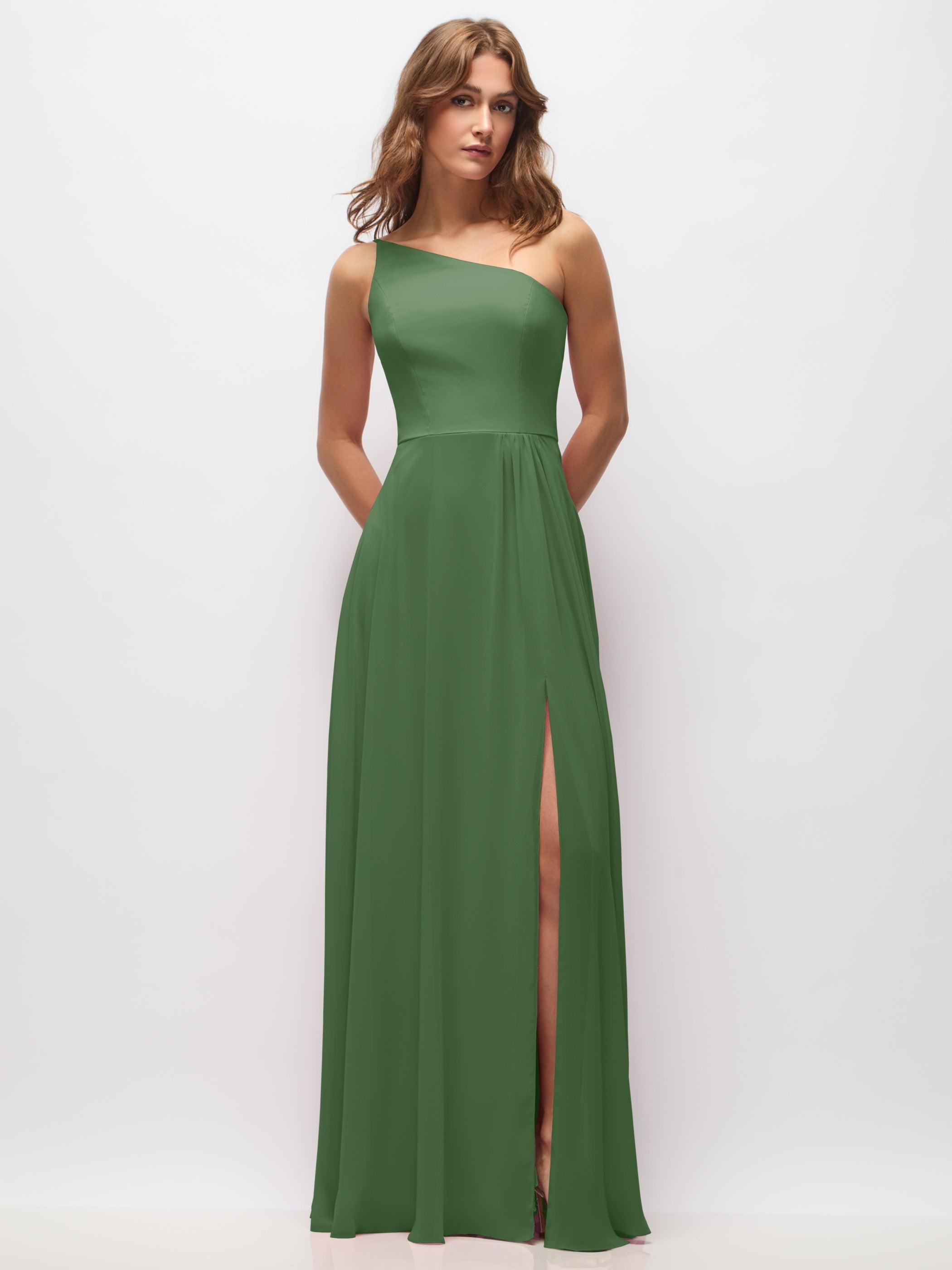one strap green dress One-Shoulder Chiffon Maxi with Shirred Front Slit Sage green