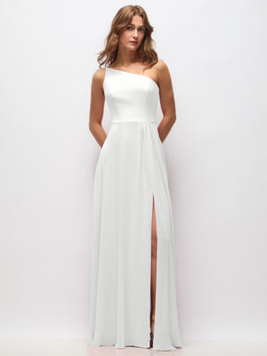 Ivory one-shoulder chiffon maxi dress with shirred front and side slit detail