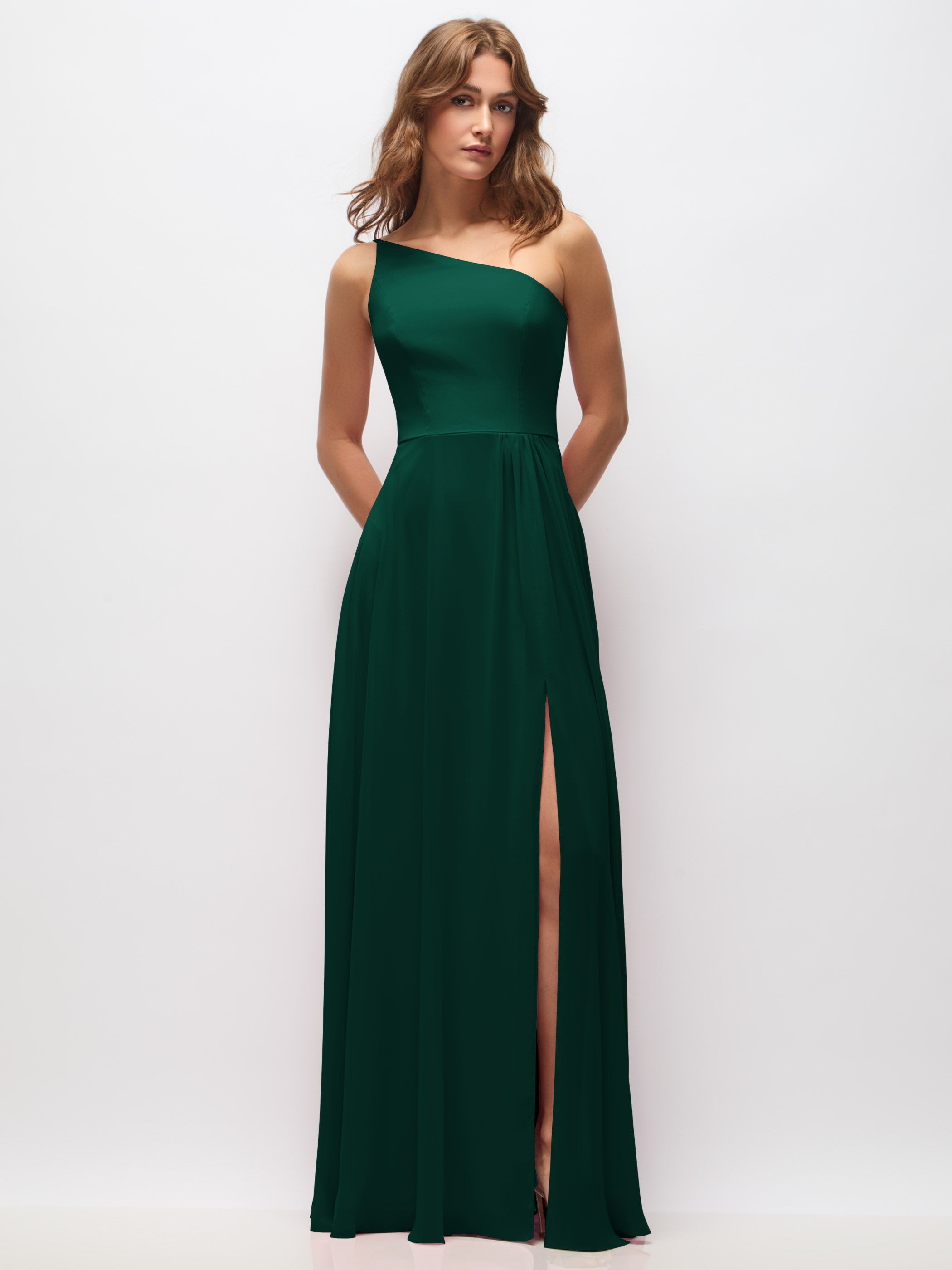 green 1 piece dress One-Shoulder Chiffon Maxi with Shirred Front Slit Maxi robe