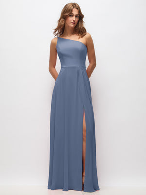 One-shoulder chiffon maxi dress in slate blue with long skirt and front slit