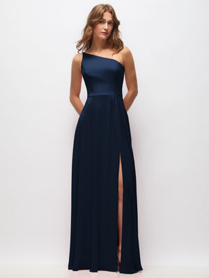 Navy one-shoulder chiffon maxi dress with shirred bodice and front leg slit