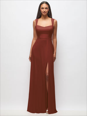 Contoured wide-strap sweetheart maxi dress in rosewood with fitted waist and side slit