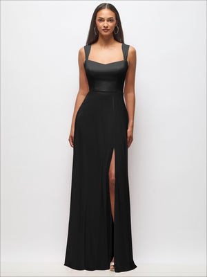 Black sweetheart maxi dress with wide straps and front slit, smooth fitted bodice