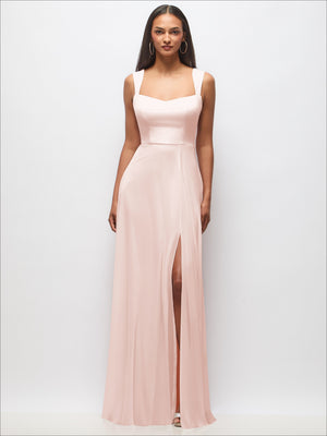 Blush sweetheart maxi dress with wide straps and front slit