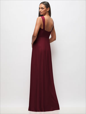 Contoured wide-strap sweetheart maxi dress in deep burgundy from back view with open back