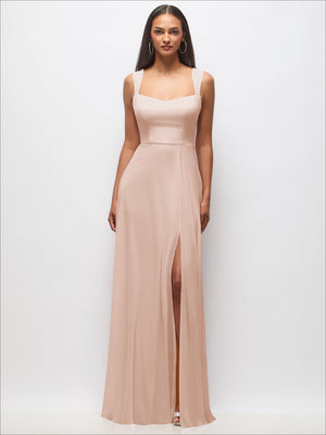 Contoured wide-strap sweetheart maxi dress in pale blush, front slit, sleeveless front view.