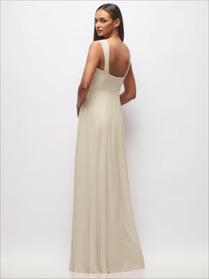 Light ivory wide-strap maxi dress with open square back and flowing skirt