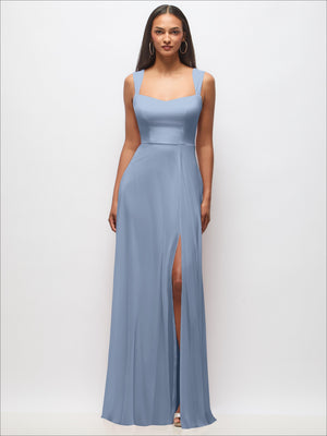 Sweetheart wide-strap maxi dress in light blue, wide straps and front high slit