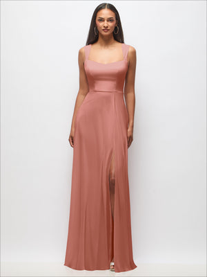 Dusty rose sweetheart maxi dress with wide straps and front slit