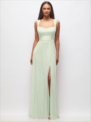 Mint green contoured sweetheart wide-strap maxi dress with fitted waist and side slit detail