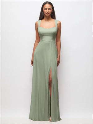 Mint green contoured sweetheart wide-strap maxi dress with fitted waist and leg-opening slit