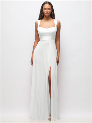 Ivory sweetheart maxi dress with wide straps and long skirt, front slit detail