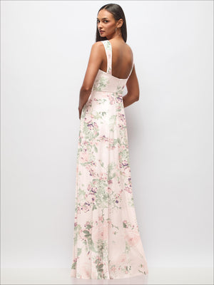 Sweetheart maxi dress with wide straps, blush floral print and open scoop back