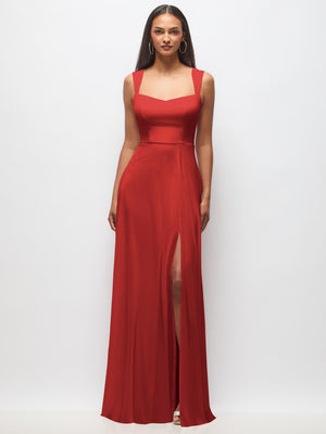 Red sweetheart wide-strap maxi dress with front slit and fitted bodice