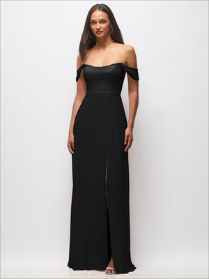 Black off-shoulder basque waist maxi dress with flounce sleeves and front slit