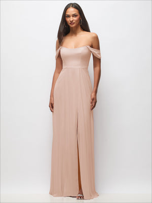 Blush pink off-the-shoulder maxi dress with basque bodice and flounce sleeves, front slit