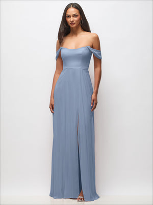 Off-shoulder basque-neck maxi dress in medium blue with flounce sleeves and front slit