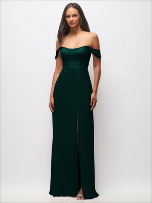 Off-shoulder basque maxi dress with flounce sleeves in deep green, front view