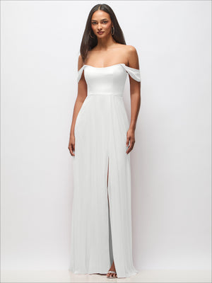 Ivory off-shoulder basque waist maxi dress with flounce sleeves and long straight skirt