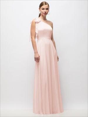 Blush one-shoulder draped maxi dress with scarf bow detail