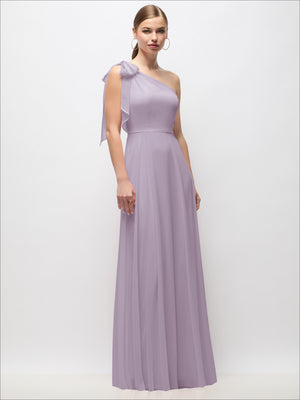 Draped one-shoulder maxi dress with scarf bow, lilac-purple